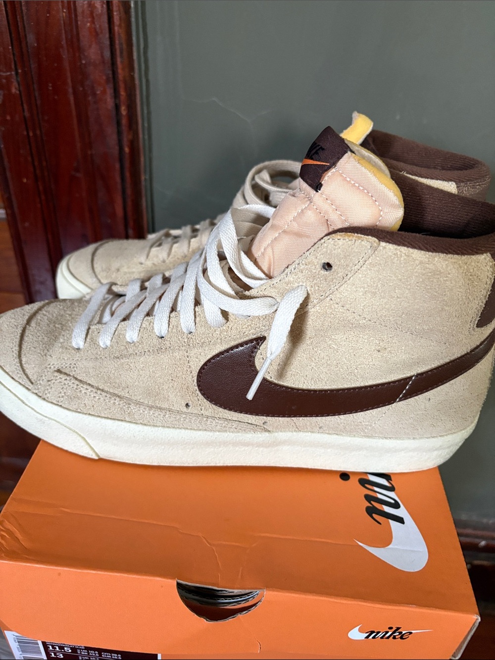 Nike Men’s Beige Suede High-Top Sneakers with Brown Swoosh